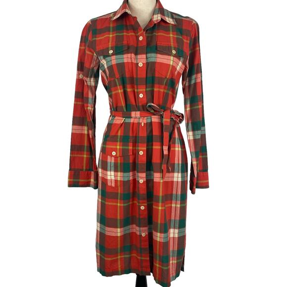 L.L. Bean Signature Madras Camp Shirt Dress Red Plaid Button Down Womens Size 10 - Picture 7 of 16